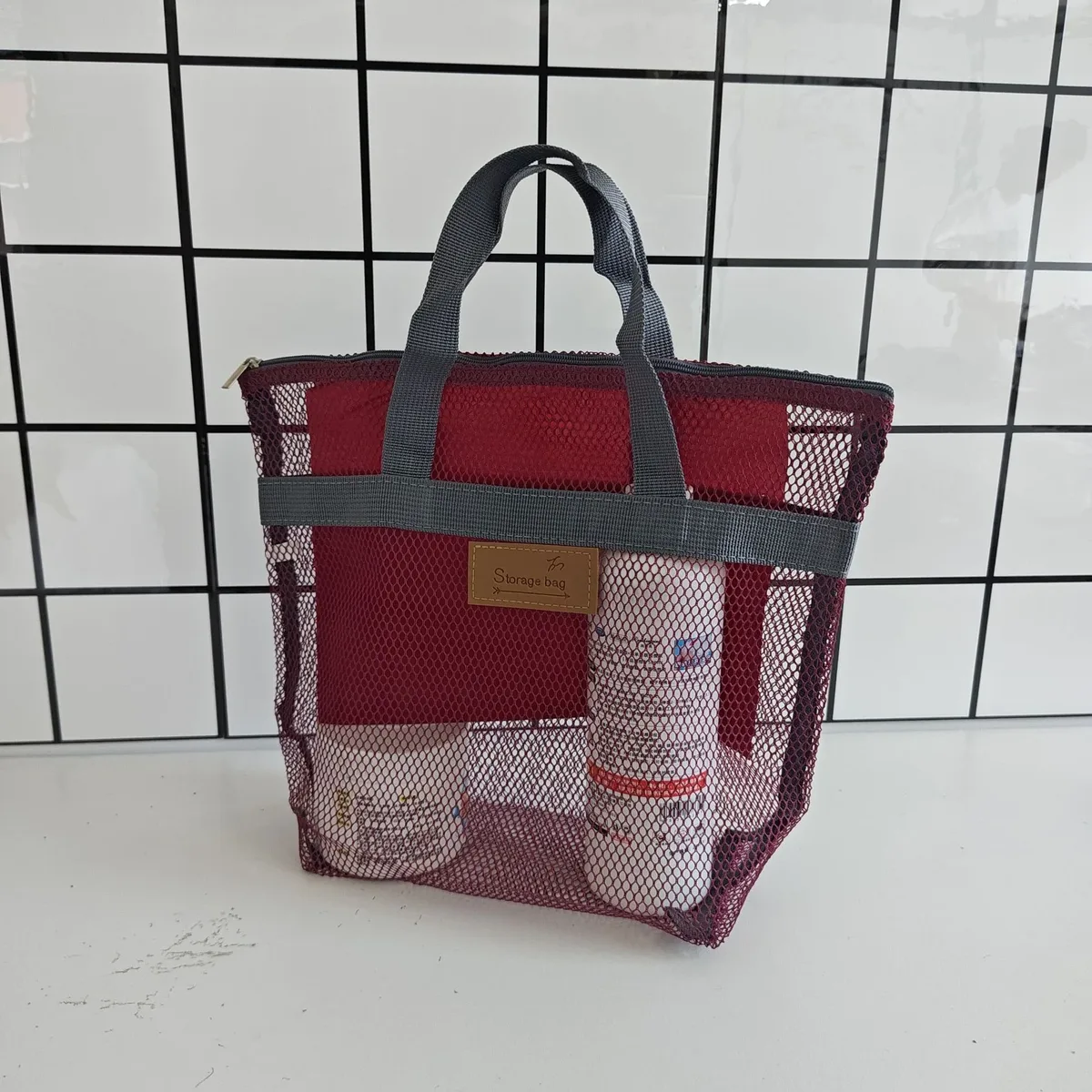 grande sacoche de toilette en maille, organiseur de douche portable avec poignées robustes, fermeture éclair, sac de rangement de voyage pour la plage et la natation