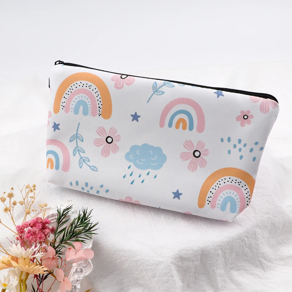 sac de maquillage à fermeture éclair série fleur pour femmes, pochette de rangement de voyage portable, sac de rouge à lèvres de voyage, trousse de maquillage, sacs pour pinceaux cosmétiques