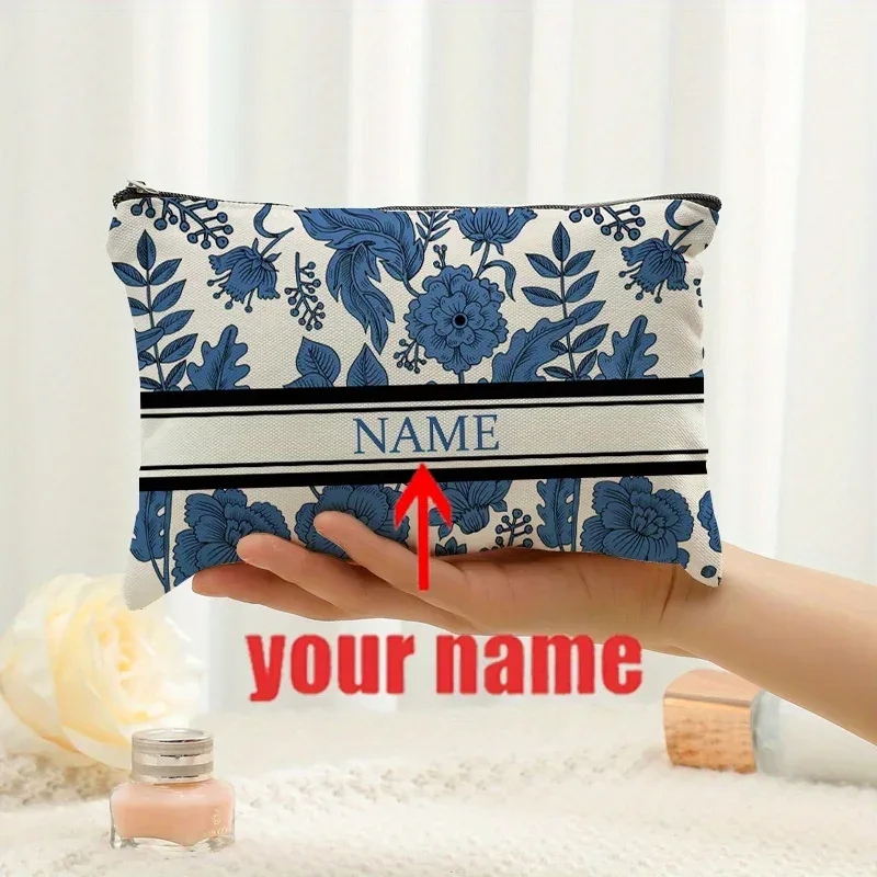 1 pièce trousse de maquillage personnalisée avec nom et motif floral imprimé, sac de rangement de voyage pour articles de toilette, organisateur de cadeaux de fête, pochette cosmétique