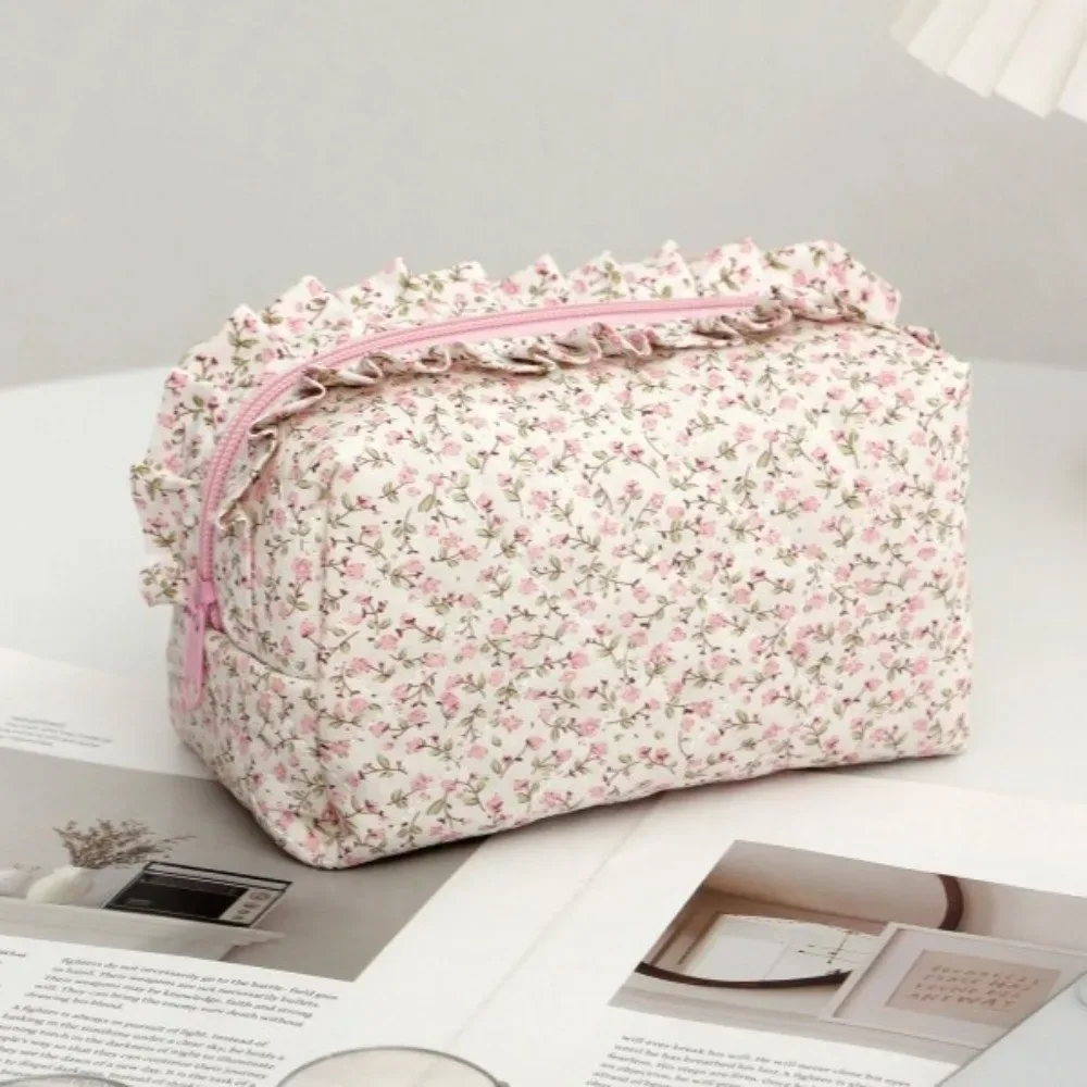 pochette de maquillage matelassée à bords volantés portable, avec nœud, grande capacité, sac de rangement cosmétique, imprimé floral, trousse à crayons