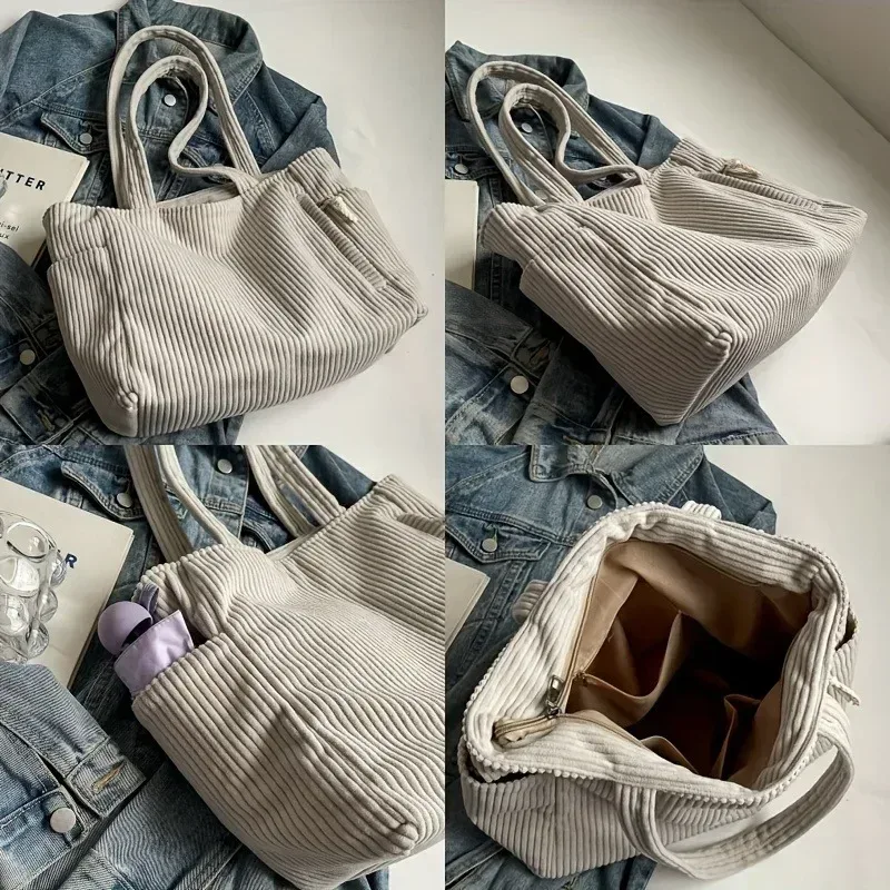 sac à main en velours côtelé léger et grande capacité avec fermeture éclair, couleur unie, sac à bandoulière décontracté pour les trajets quotidiens