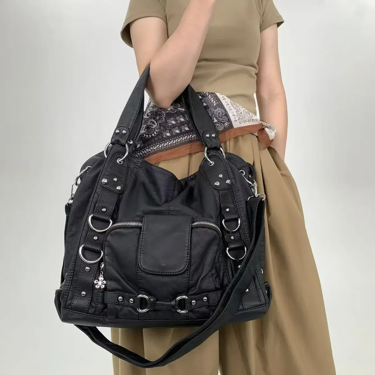 y2k fashion street – sac fourre-tout personnalisé pour femmes, grande capacité, rétro en détresse, sac à bandoulière en cuir végétalien pur