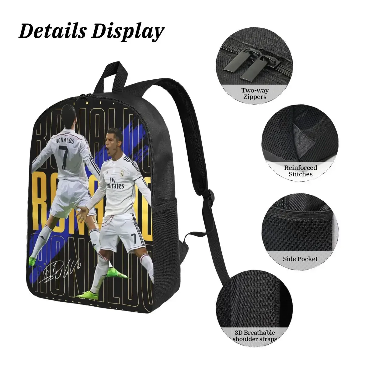 sac dos polyester noir impression ronaldo bleu jaune pique-nique isolante bandoulière usage voyage étudiant