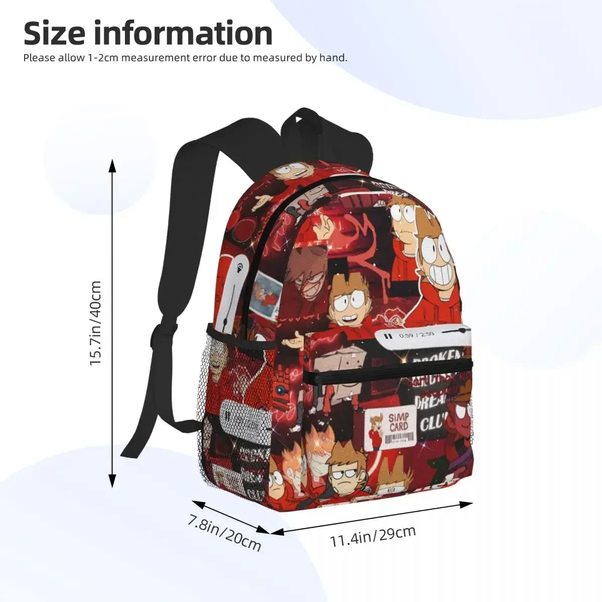 sac dos polyester rouge motif personnages animaux poignées noires poches latérales filet noir forme rectangulaire capacité 20 35 litres usage étudiant scolaire randonnée voyage