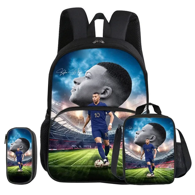 sac dos nylon noir motifs kylian mbappé dessins animés poche avant fermeture éclair bandoulière arquée capacité 20 35 litres petit sac assorti trousse crayons