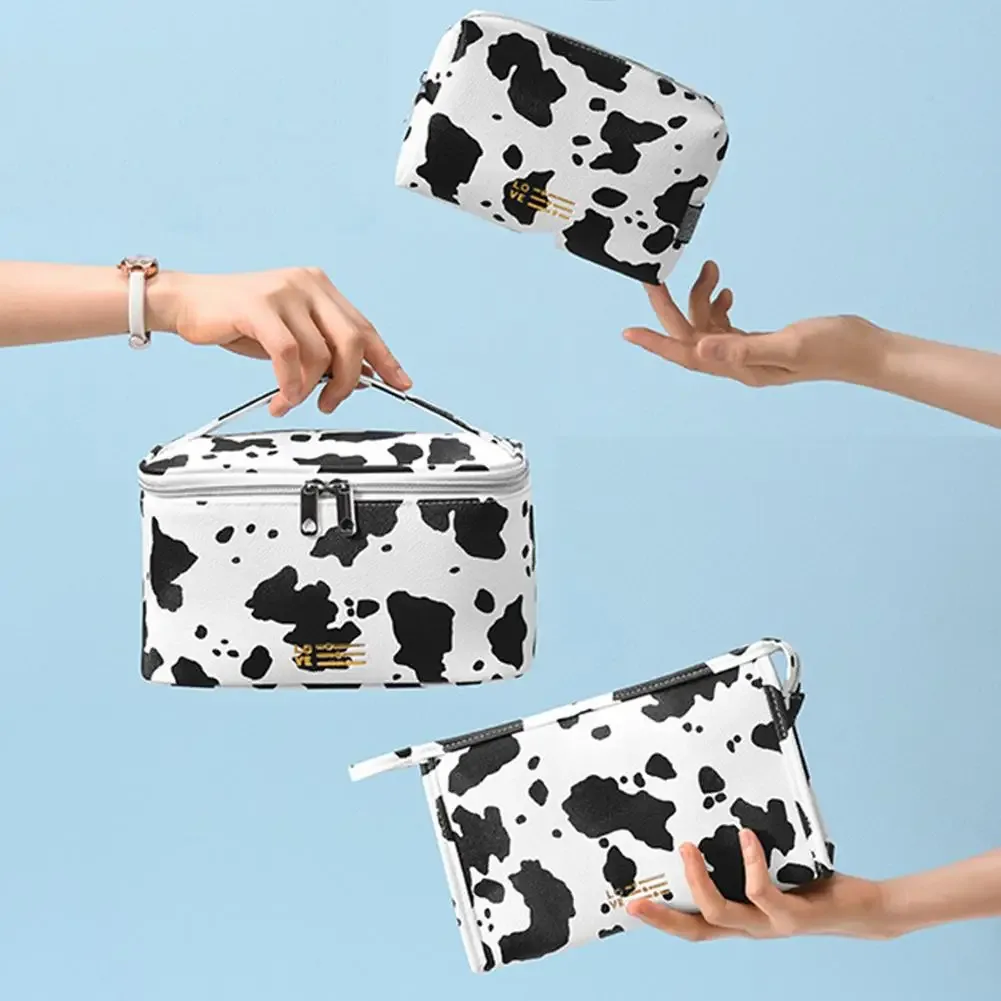 pochette de maquillage mignonne à la mode, trousse de toilette portable imprimée vache, organisateur multifonctionnel à fermeture éclair pour vacances, camping, fête