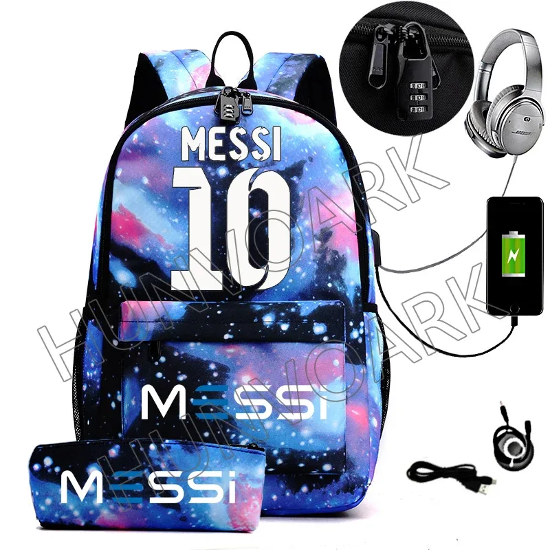 messi-sac à dos étanche avec chargeur usb, sac à dos de voyage décontracté, grande capacité, sacs d'école pour ordinateur portable, hommes et femmes