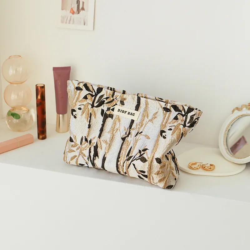 trousse de maquillage pour femmes, imprimé noble, fleurs dorées, grande capacité, rouge à lèvres, coussin d'air, sac de rangement, trousse de toilette de voyage portable