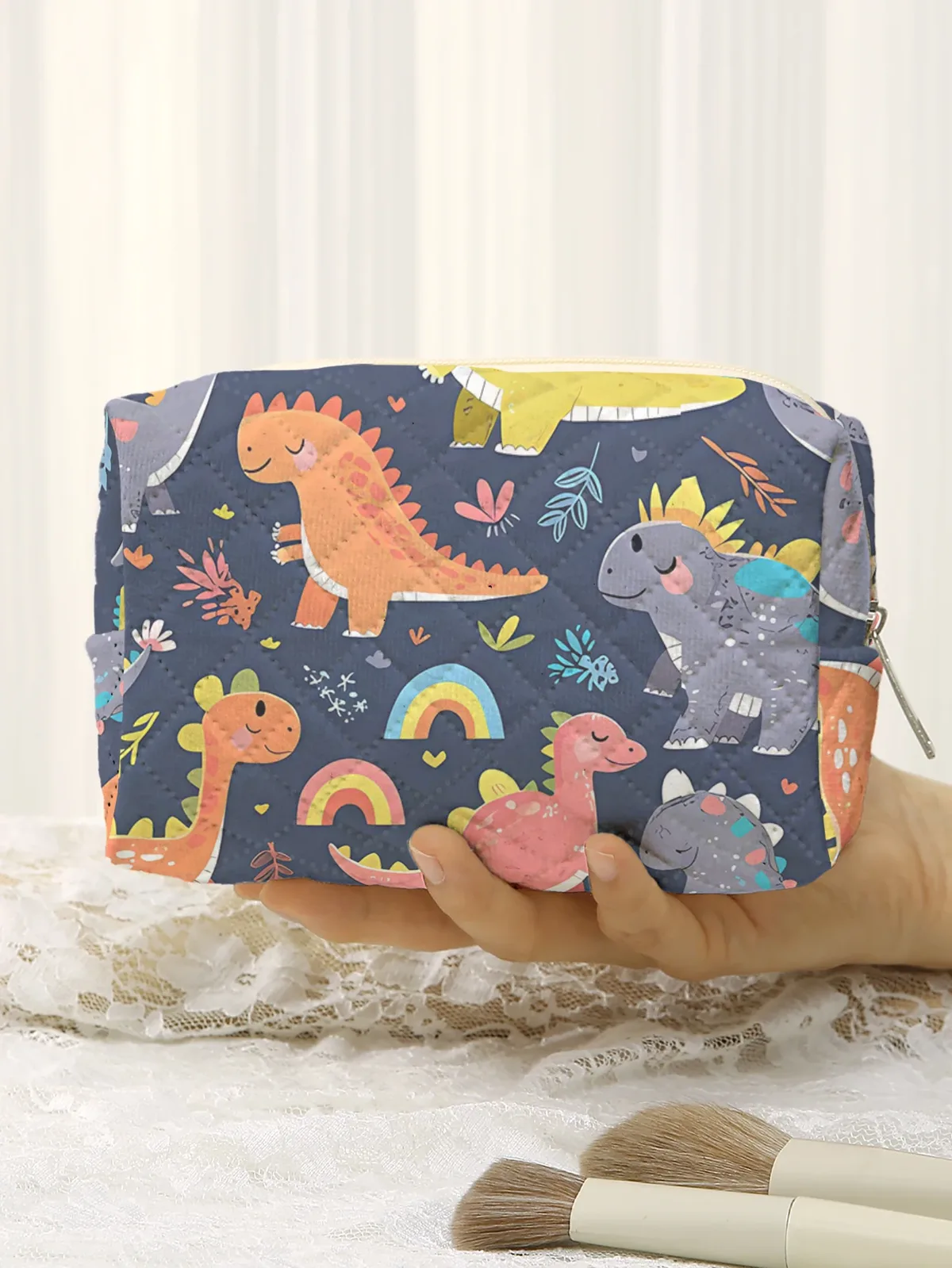 Grande trousse à cosmétiques matelassée multicolore, motif dinosaure, arc-en-ciel, cœur, imprimé floral, trousse de maquillage à fermeture éclair, pochette de rangement de voyage pour enfants