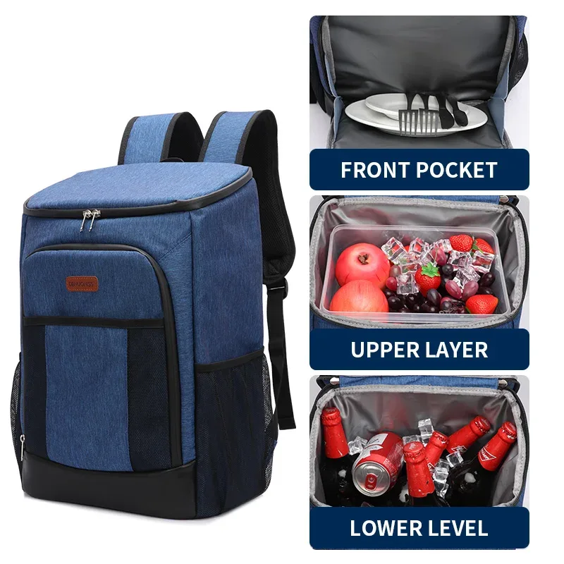 sac dos bleu accents noirs gris poches avant compartiments intérieurs séparateurs tissu résistant transport nourriture boissons isolantes grande capacité