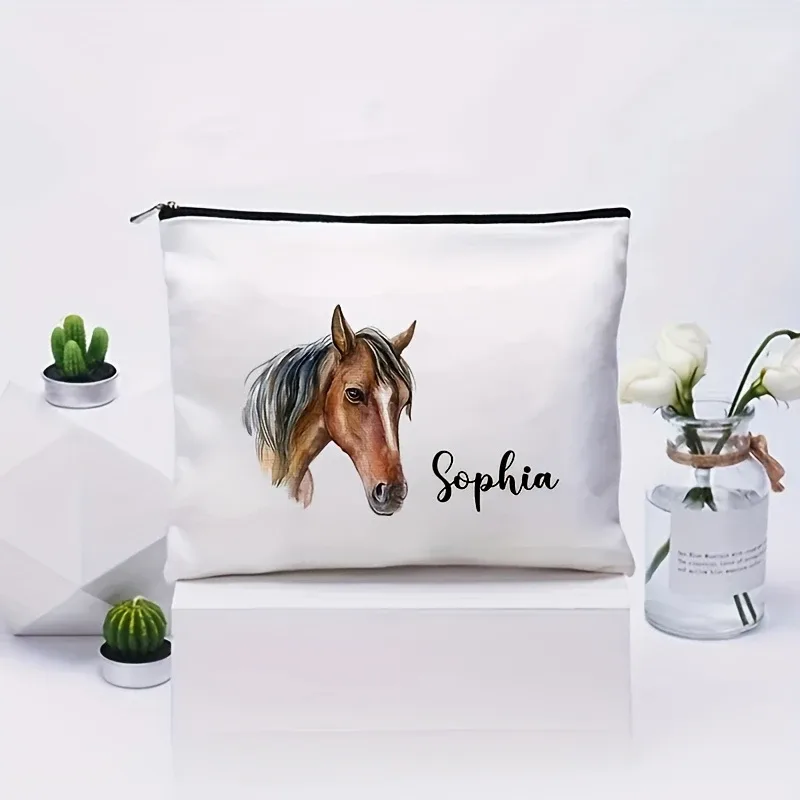 trousse de maquillage personnalisable à motif cheval, pochette cosmétique légère avec fermeture éclair, option de nom personnalisé