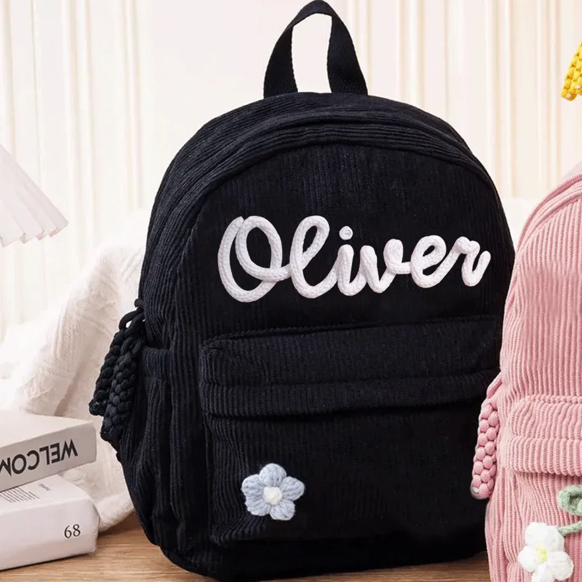 sacs à dos personnalisés en velours côtelé – sacs à dos brodés sur mesure, décorations florales/animalières, styles parent-enfant, sac pour sœur/frère