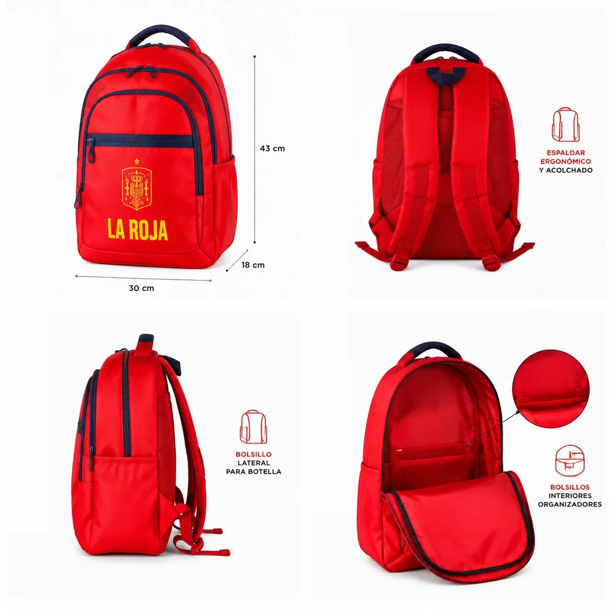 sac à dos scolaire la roja de l'équipe nationale de football espagnole "la roja", produit officiel sous licence. sac à dos de football de l'équipe nationale 43x30x18cm rouge et bleu marine avec compartiments.