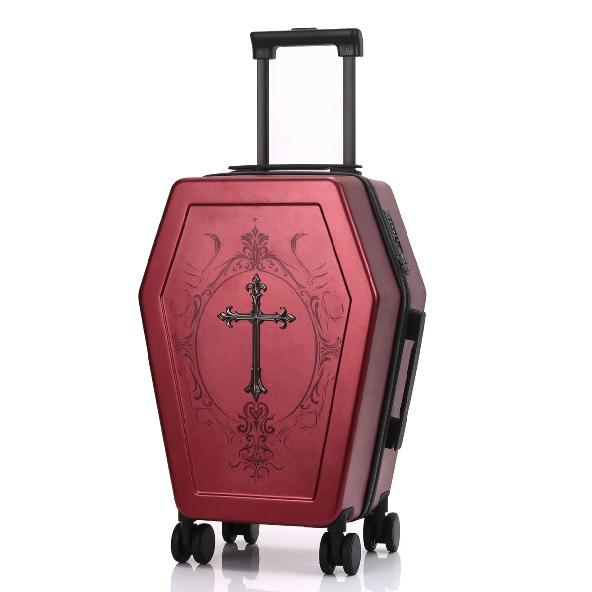 valise de voyage style gothique avec poignée en forme de cercueil pour halloween, boîte à bagages noire tendance rétro, valise personnalisée à code sombre.