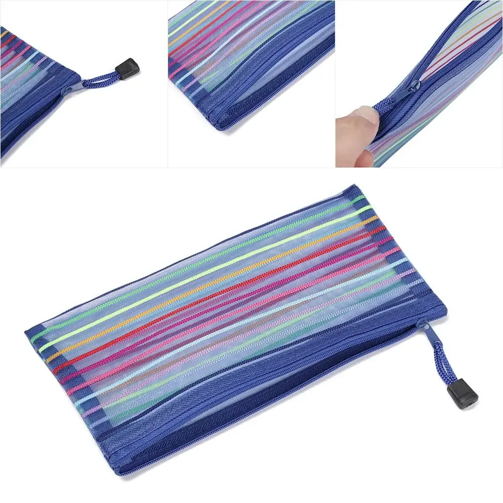pochette rangement crayons polyester transparent rayures arc ciel fermeture glissière voyage cosmétiques stylos maquillage