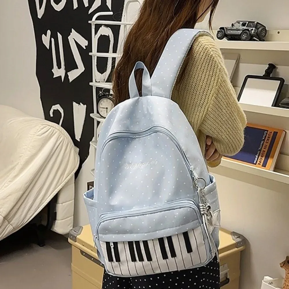 sac à dos en nylon à pois imprimé, color-block, mignon, grande capacité, style preppy, durable, motif touches de piano, pour l'école et les voyages