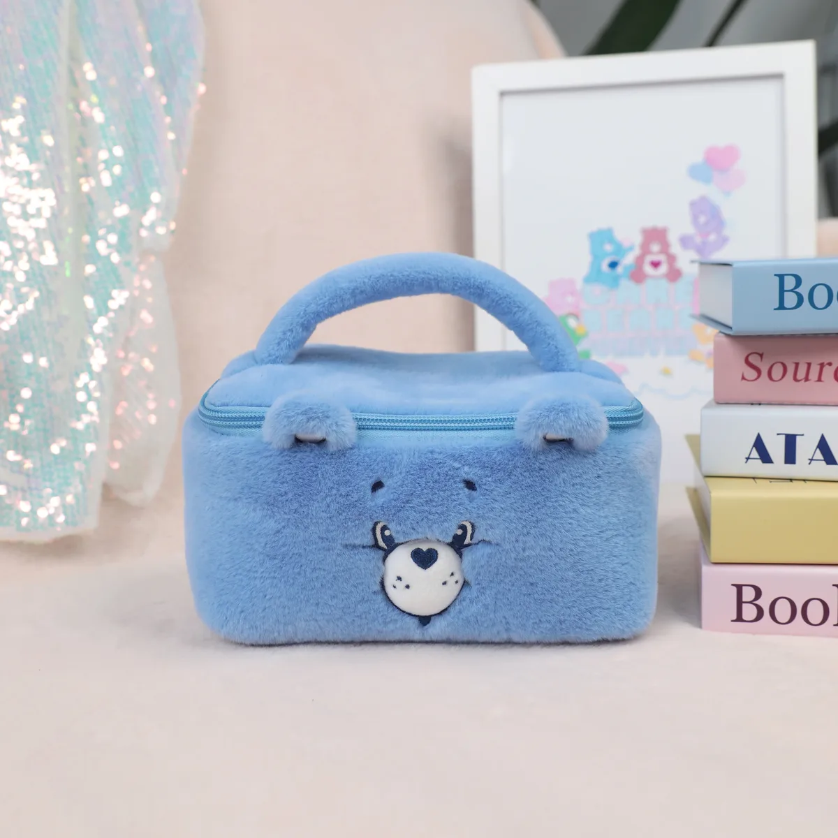 trousse de toilette en peluche care bears, sac de toilette de voyage de grande capacité pour filles et femmes, pochette de maquillage douce et moelleuse