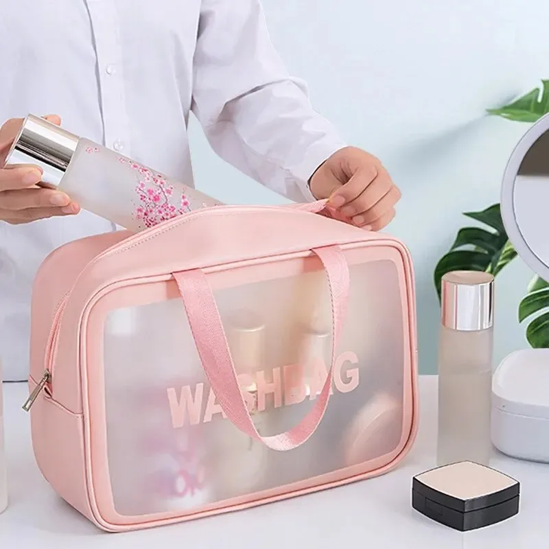 sac de maquillage et de toilette transparent en pu, 3 pièces, grande capacité, sac de rangement portable semi-transparent en pvc givré