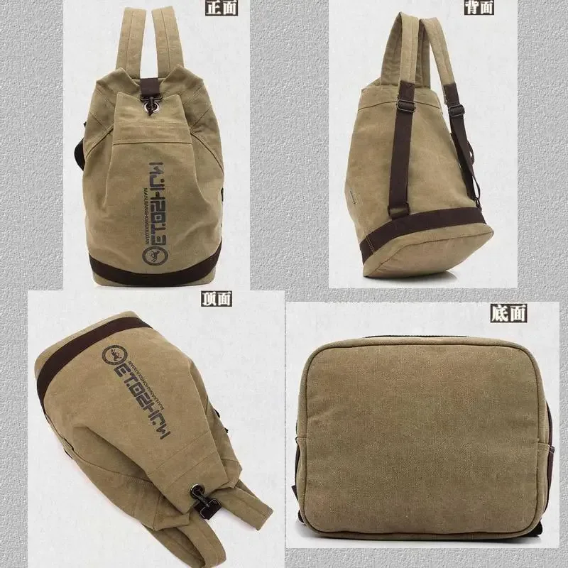 sac dos toile beige bandes marron imprimé lettres noires ouverture large format trapézoïdal capacité litres usage voyage
