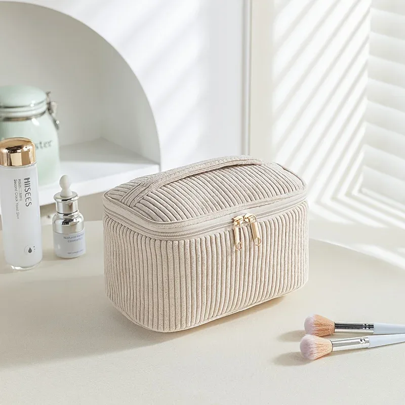 trousse de maquillage en velours côtelé, grande capacité, trousse de toilette de voyage, broderie personnalisée avec nom, sac de toilette pour femmes, organisateur portable