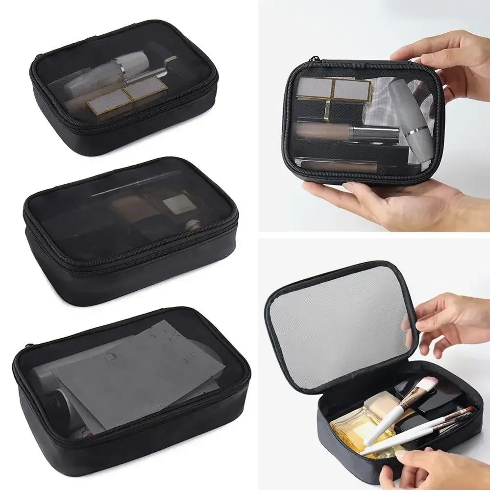 sac de maquillage pour femmes, couleur unie, fermeture éclair, sac à cosmétiques, maille transparente, décontracté, voyage, portable, mini sacs de rangement de lavage