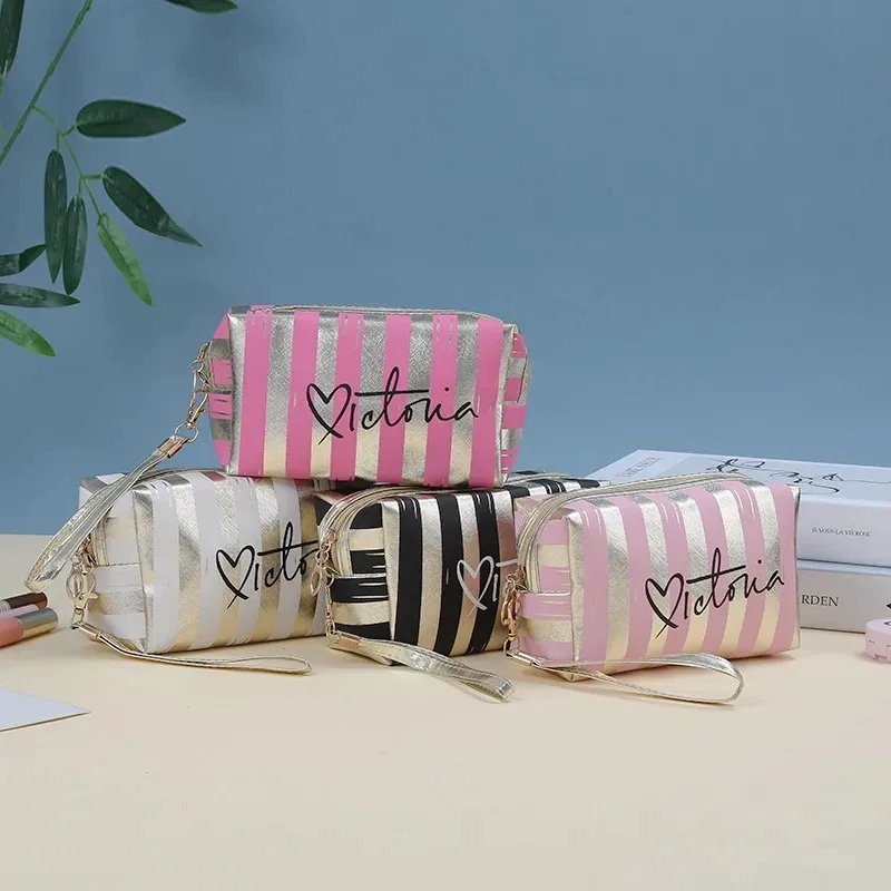 trousse de maquillage rayée portable et tendance pour femme – style coréen doux et cool, personnalisée et imperméable
