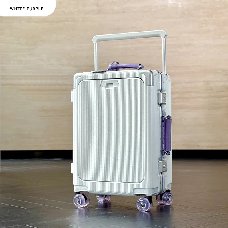 valise roulettes toupie poignée supérieure texture rugueuse couleur blanche accents violet doré usage voyage