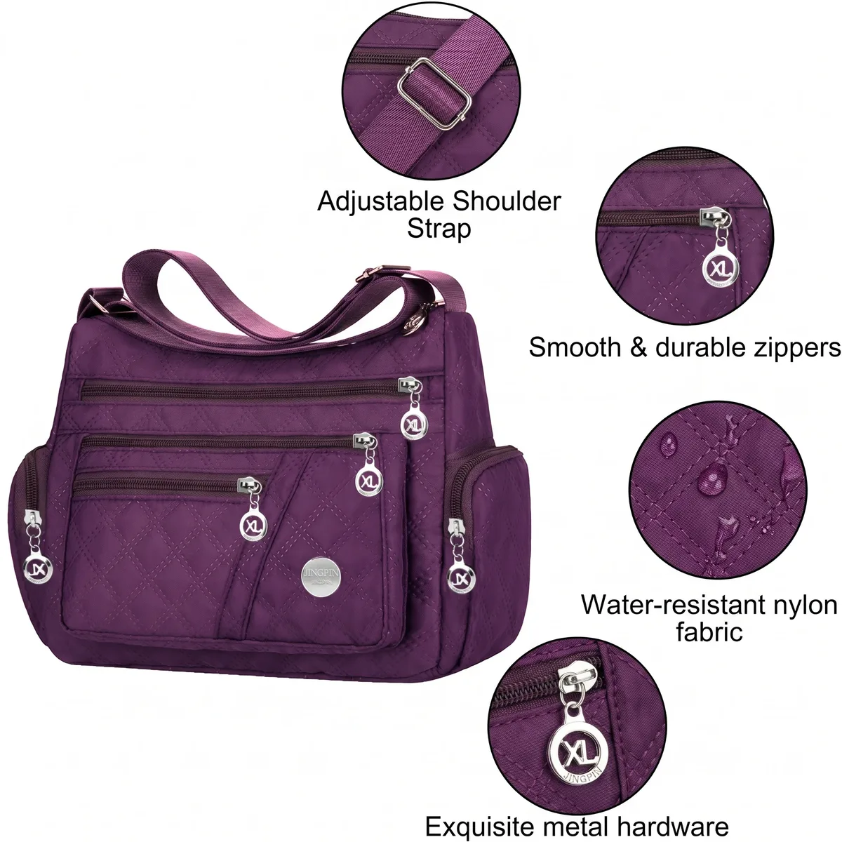 sac à bandoulière matelassé en nylon pomelo best pour femme, multi-poches avec sangle réglable pour les déplacements quotidiens