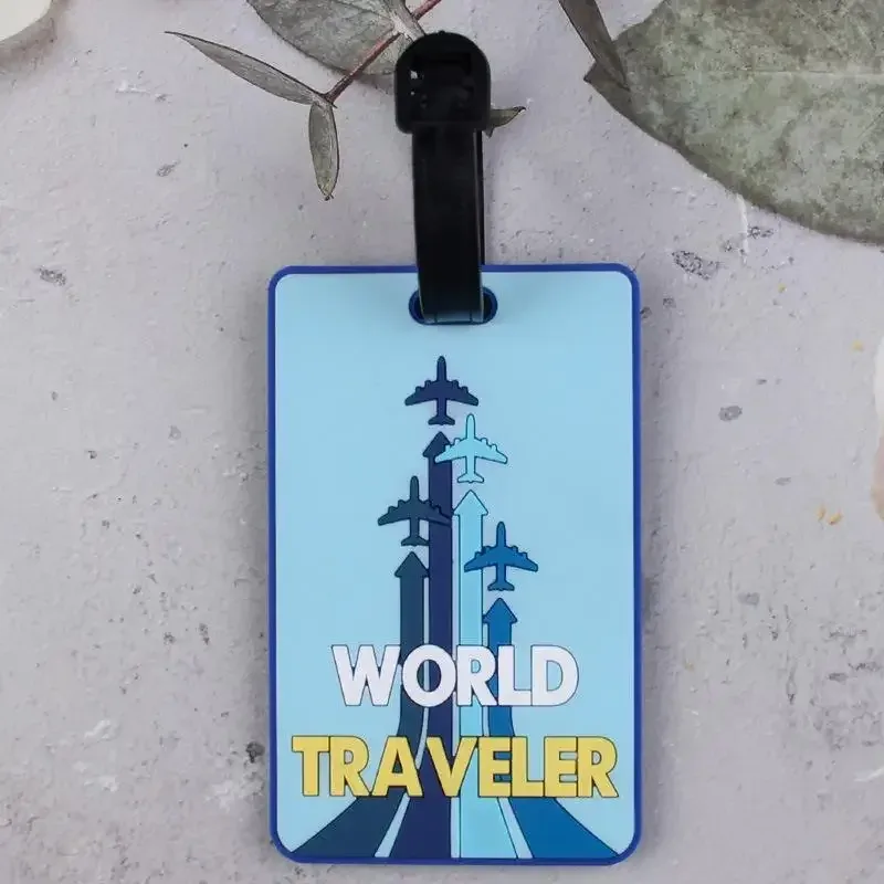 étiquette bagage plastique motif world traveler my tour avion bleu rouge rose vert marron identité voyage croisière