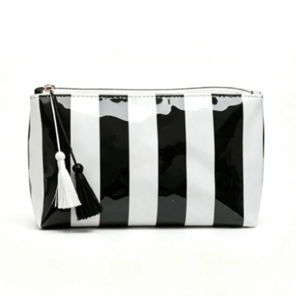 sac de toilette imperméable à rayures, grande capacité, doublure en polyester, sac de toilette en pvc, couleur contrastée, sac de rangement simple pour la plage