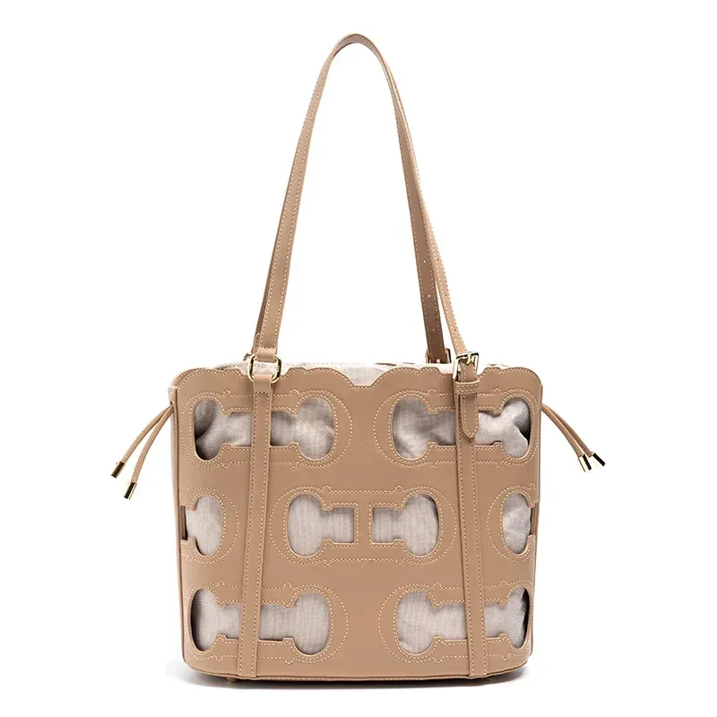 sac fourre-tout ajouré 2-en-1 ch pour femme, sac à bandoulière de luxe de créateur, sac seau rouge bordeaux pour le travail