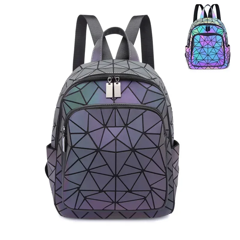 sac à dos lumineux tendance pour femmes, en pvc holographique, géométrique, pour adolescentes, sac à dos de voyage, mochila feminina.
