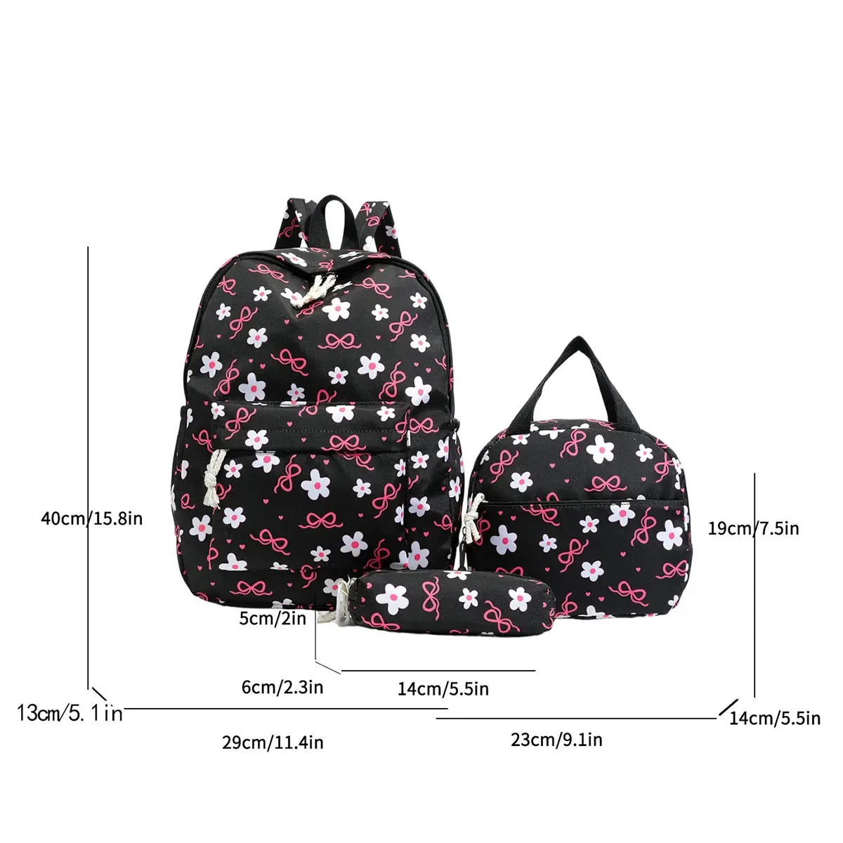 sac à dos imprimé fleurs avec nœud, léger et multifonctionnel, ensemble de trois pièces, pour étudiants et campus – collection high beauty sweet cool