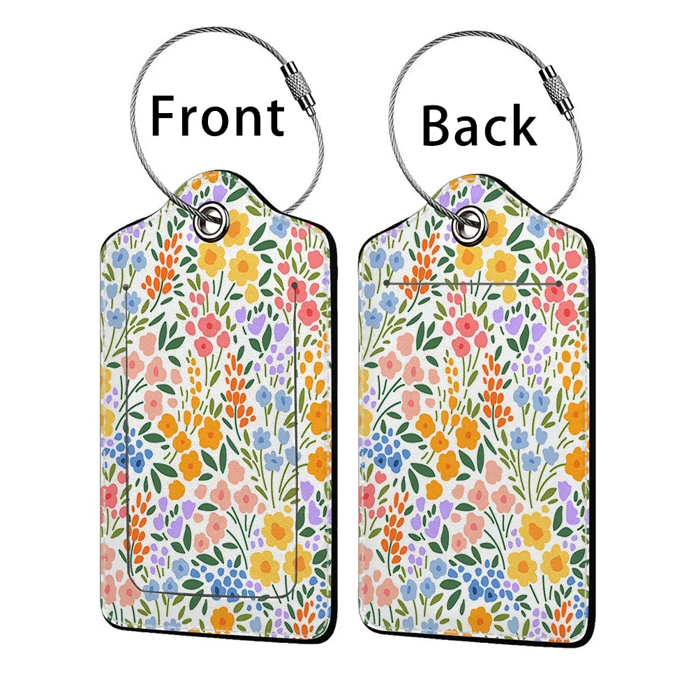 étiquette bagage polyuréthane motif floral subtil fond beige anneau métallique voyage affaires identification nom adresse
