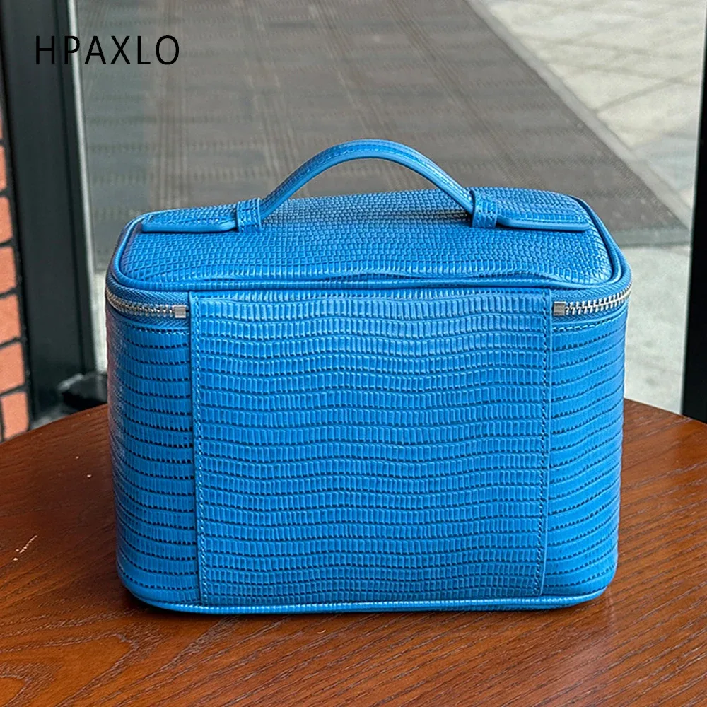 pochette de toilette en cuir véritable imprimé lézard, style ins, pour femme, organiseur de maquillage portable, trousse de voyage pour pinceaux et maquillage