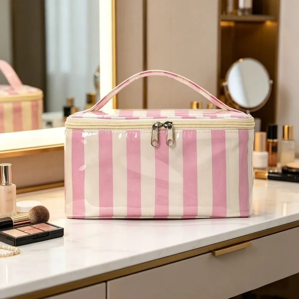 sac de rangement pour articles de toilette à rayures, en pvc, durable, sac de voyage pour cosmétiques, étanche, léger, étui pour pinceaux de maquillage