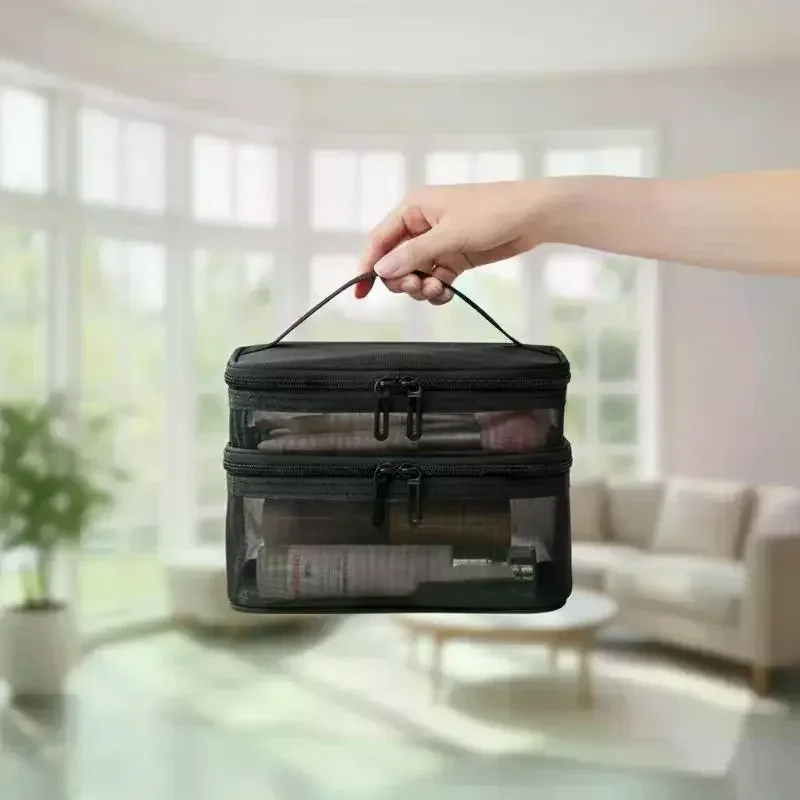 sac de voyage transparent en maille pour maquillage | organisateur de cosmétiques à grande capacité à une seule couche | pochette de rangement respirante pour produits de soin et articles de toilette