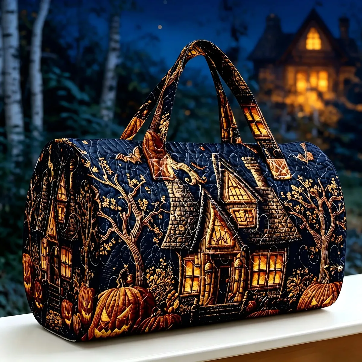 sac de voyage matelassé halloween, motif château fantôme, sac de week-end grande capacité, sac de voyage d'automne, sac de sport, sac de nuit pour femme, sac fourre-tout pour courts séjours.