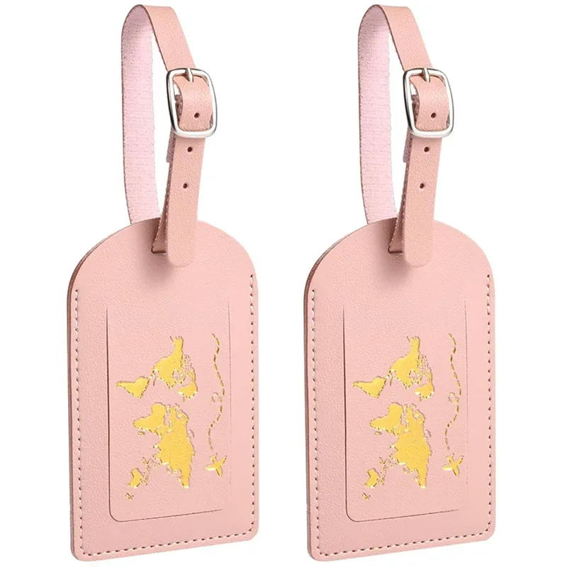 étiquette bagage cuir rose pâle doré carte monde voyage identité bagage fixation anneau métallique espace inscription nom adresse ville pays