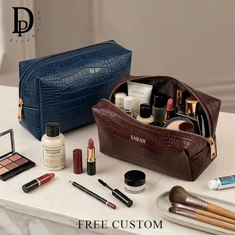 Trousse de voyage vintage à grande capacité avec fermeture éclair, motif cuir de crocodile, personnalisable avec un nom, trousse de maquillage, trousse de toilette personnalisée.