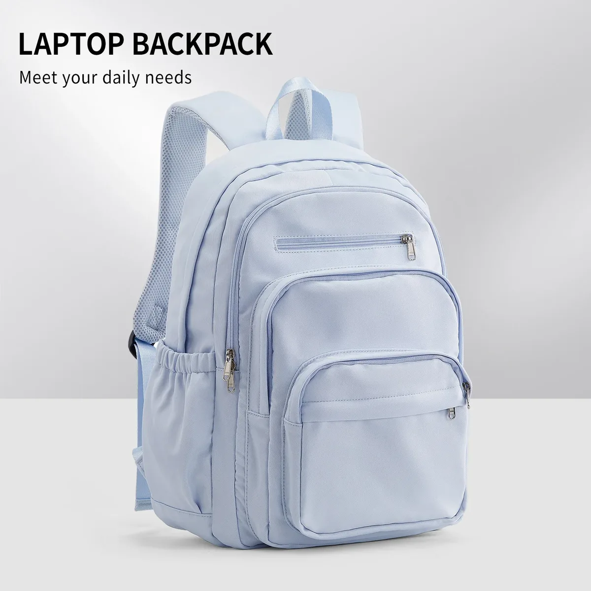 sac à dos décontracté en nylon, sac à dos pour femme, design multi-poches en bleu clair durable pour l'école, le lycée et l'université