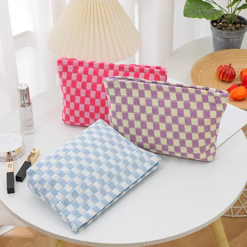trousse de maquillage à carreaux, trousse de toilette de voyage, organisateur de pinceaux de maquillage mignons, sac de rangement d'accessoires esthétiques pour femmes