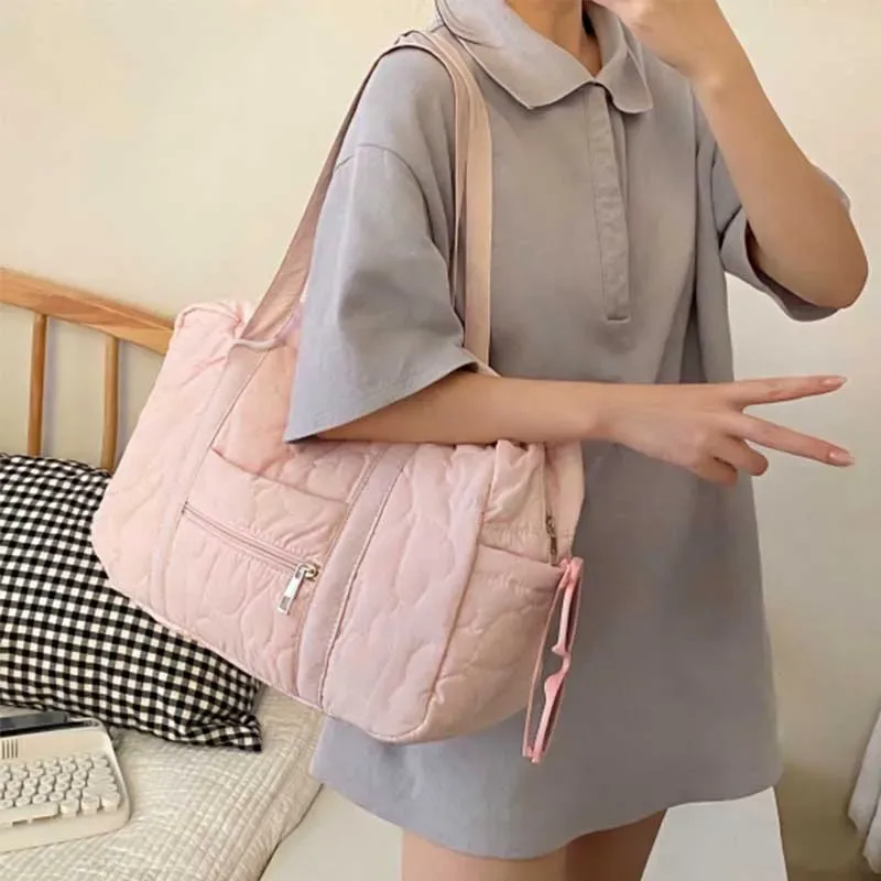sac décontracté à porter sous le bras, sac de voyage, sac de style coréen de couleur unie, sac fourre-tout pour maman, sacs de rangement de voyage en forme de cœur pour femmes