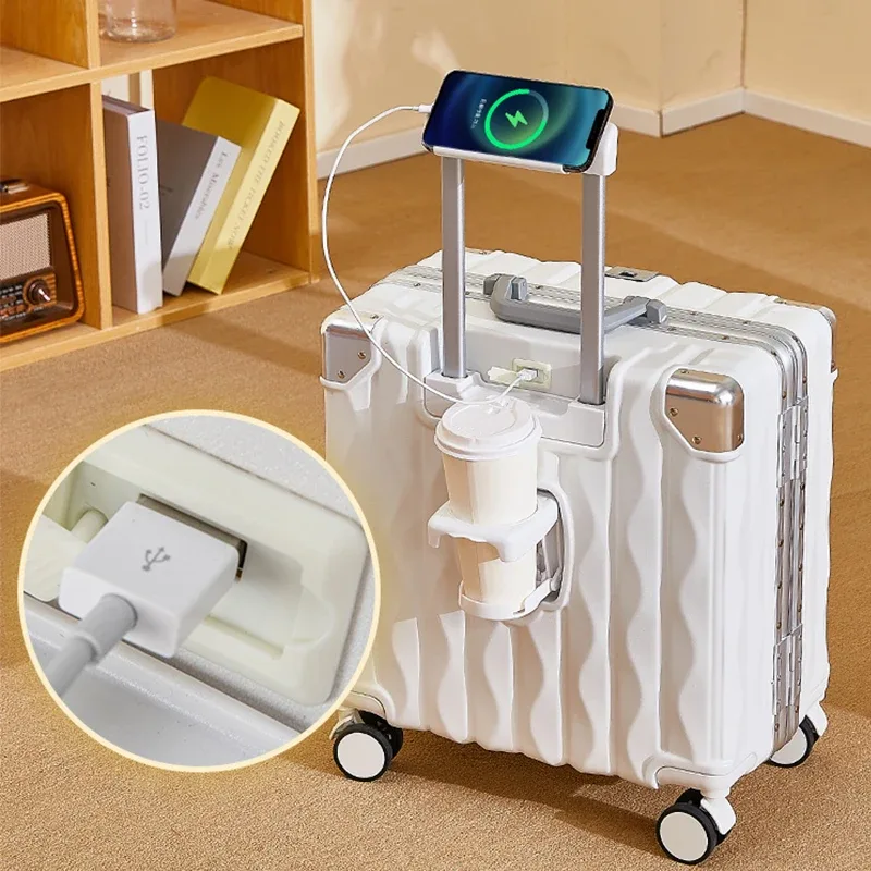 valise 18 "20" mot de passe boîtier de chariot valise cabine de voyage petit bagage avec porte-gobelet usb support pour téléphone valise bagage de voyage