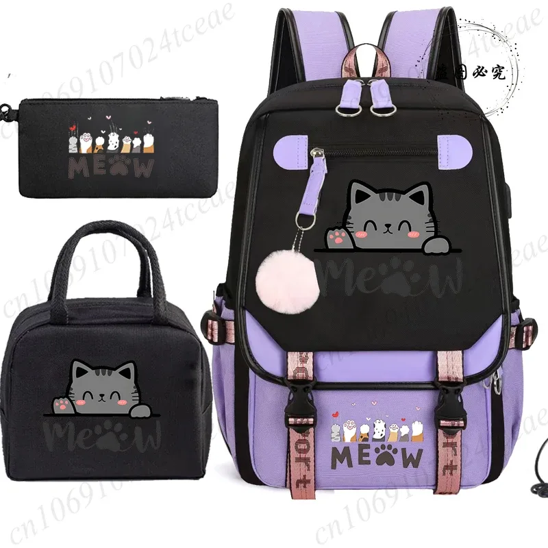 sac à dos scolaire pour adolescents, sac à dos quotidien pour étudiants, sac à dos pour filles, sac à dos scolaire à motif de chat noir, avec sac à lunch et trousse à crayons, 3 pièces/ensemble