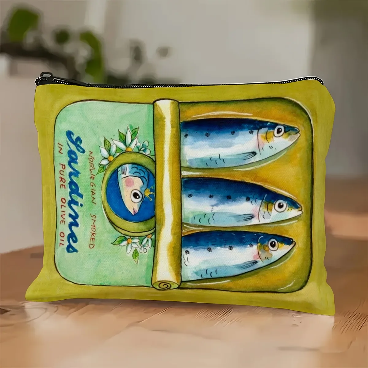 trousse à cosmétiques vintage sardine – jaune avec sardines bleues et fond vert, mini pochette élégante à fermeture éclair pour le maquillage