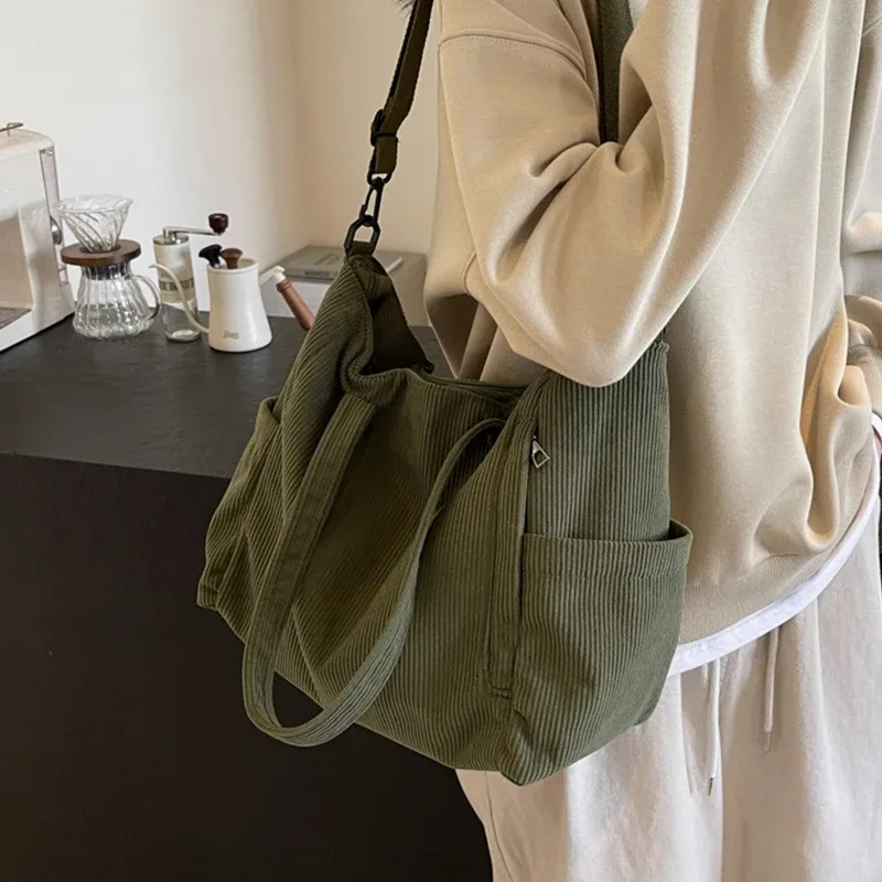 sac à main en velours côtelé pour femmes, fourre-tout décontracté, multi-poches, sangle réglable, sac à bandoulière, fermeture éclair initiée, automne, hiver