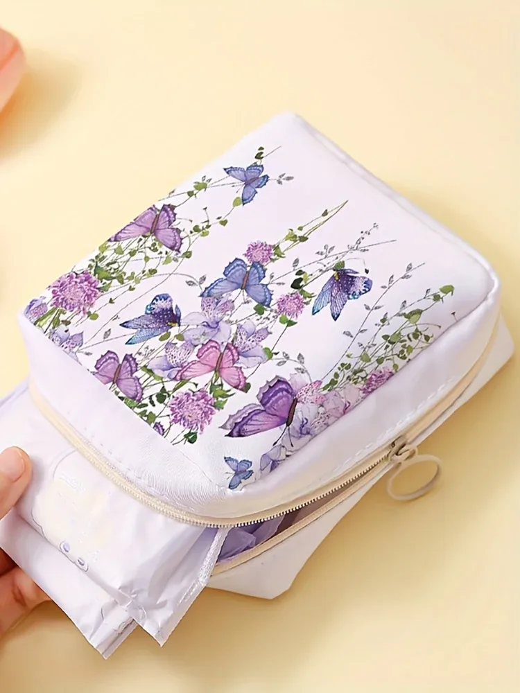 sac de rangement pour serviettes hygiéniques imprimées papillon violet, sac en tissu léger pour femmes, sac en tissu hygiénique