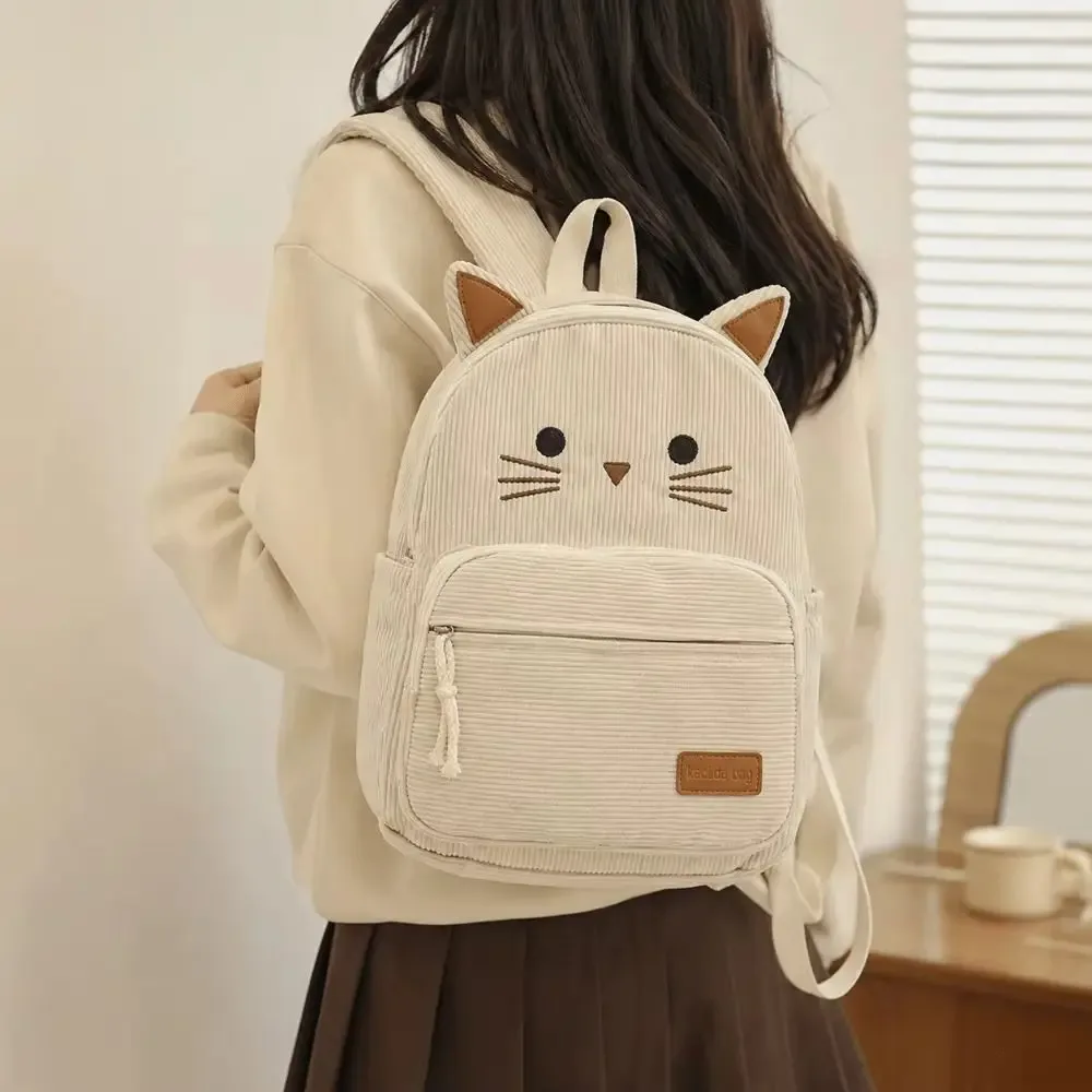 sac à dos mignon en velours côtelé imprimé multicolore motif chat de dessin animé, avec plusieurs poches, léger, idéal pour les étudiants et les voyages.
