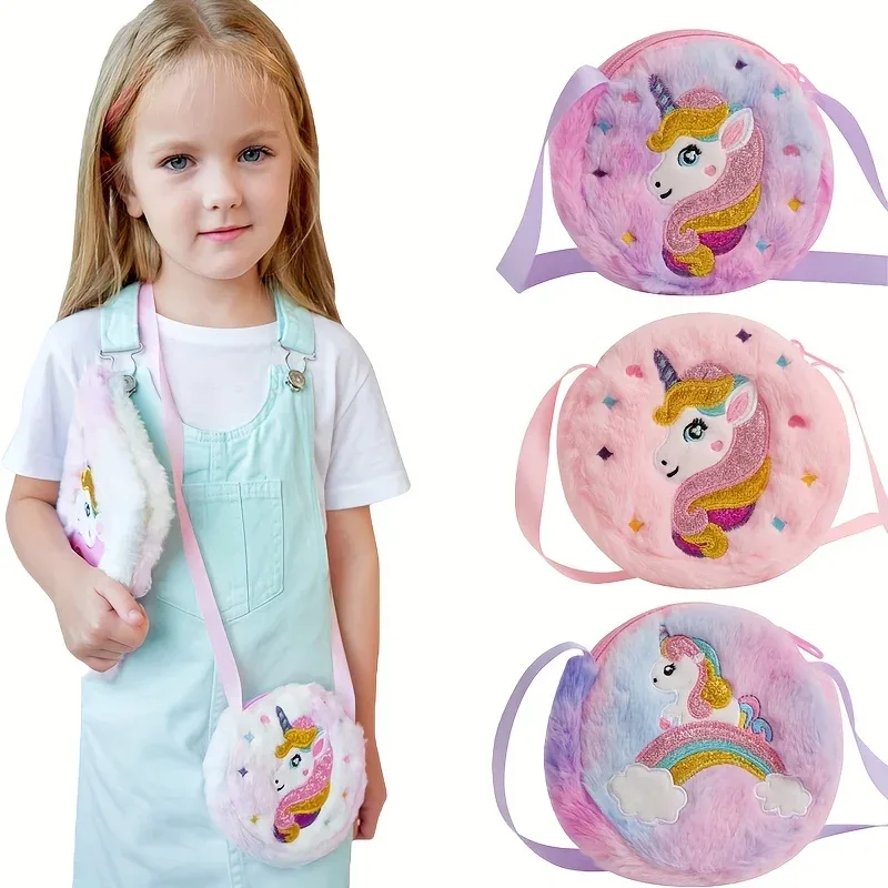 Sac à bandoulière licorne de dessin animé pour enfants, 2 pièces, joli sac à bandoulière en peluche pour filles, petit sac à dos adapté aux cadeaux de vacances scolaires